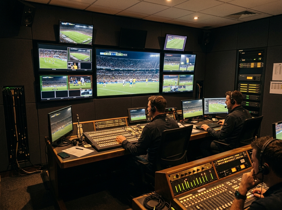 Live broadcast control console monitoring international event streaming feeds