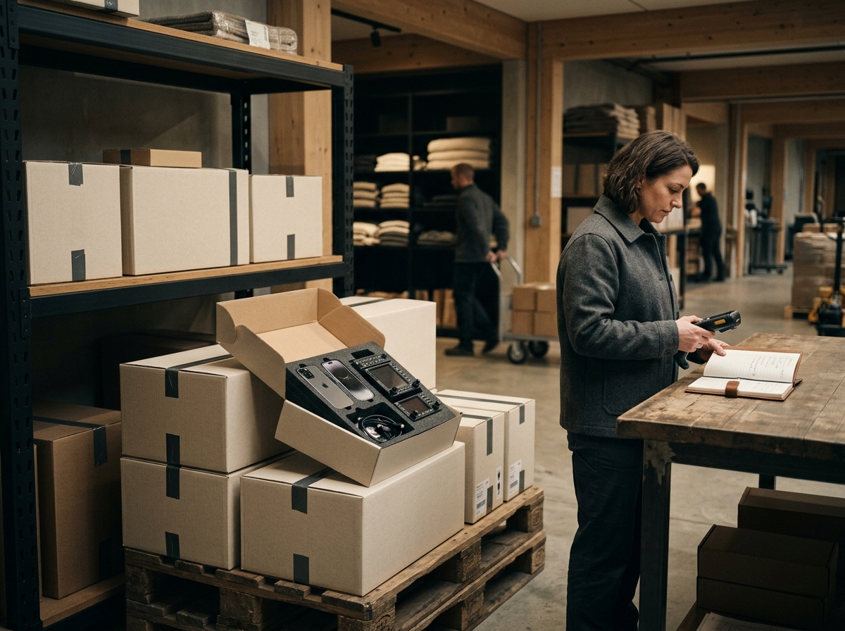 Technology logistics warehouse inspecting boxed mobile phones and communications hardware